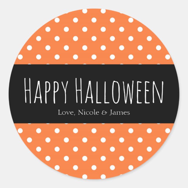 Orange & White Polka Dot Halloween Favor Classic Round Sticker (Front)