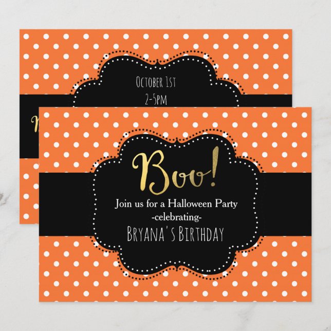 Orange & White Polka Dot Halloween Invitations (Front/Back)