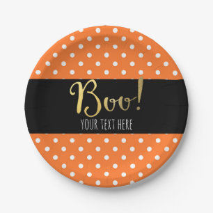 Orange & White Polka Dot Halloween Party Paper Plates