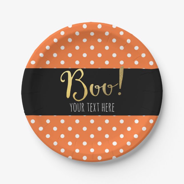 Orange & White Polka Dot Halloween Party Paper Plates (Front)