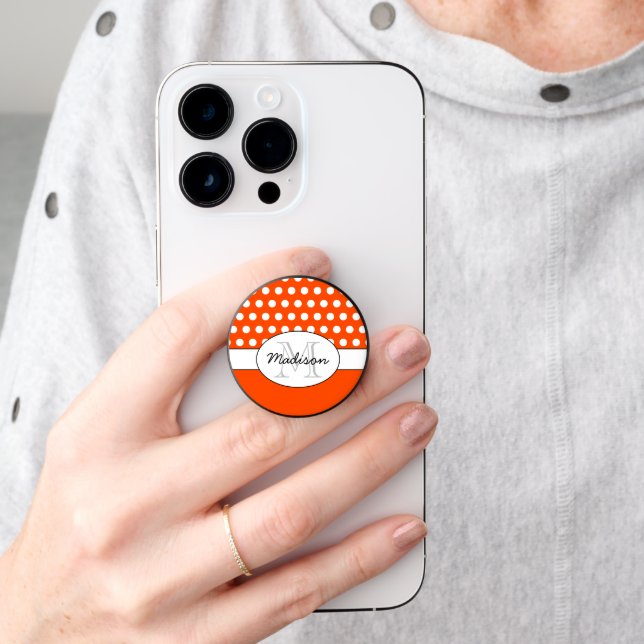 Orange White polka dot retro pattern Monogram PopSocket (Hand)