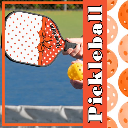 Orange White Polka Dots Orange Bow Personalized Pickleball Paddle