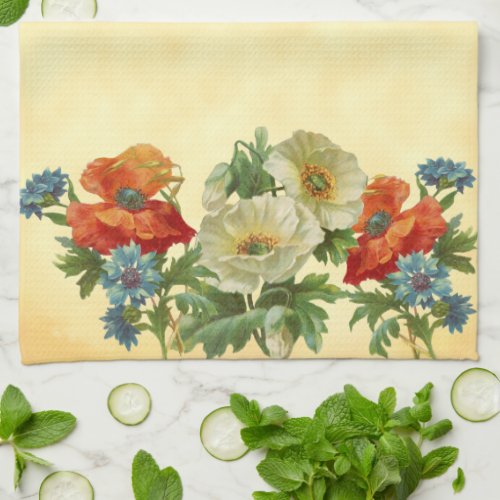 Orange White Poppies and Blue Cornflowers  Kitchen Towel