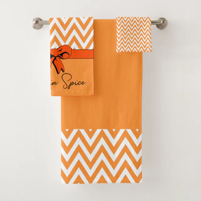 Orange White Pumpkin Spice Faux Bow Personalized Bath Towel Set