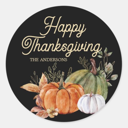 Orange White Pumpkins Black Happy Thanksgiving  Classic Round Sticker