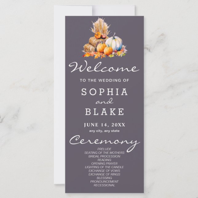 Orange & White Pumpkins Fall Gray Wedding Program (Front)