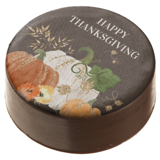 Orange White Pumpkins Gold Glitter Thanksgiving Chocolate Covered Oreo (Angled)