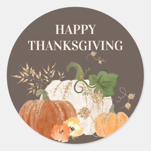 Orange White Pumpkins Gold Glitter Thanksgiving Classic Round Sticker