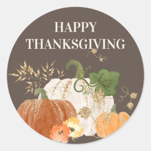 Orange White Pumpkins Gold Glitter Thanksgiving Classic Round Sticker