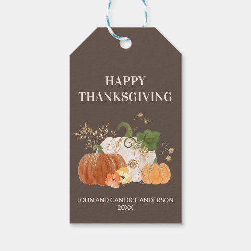 Orange White Pumpkins Gold Glitter Thanksgiving  Gift Tags