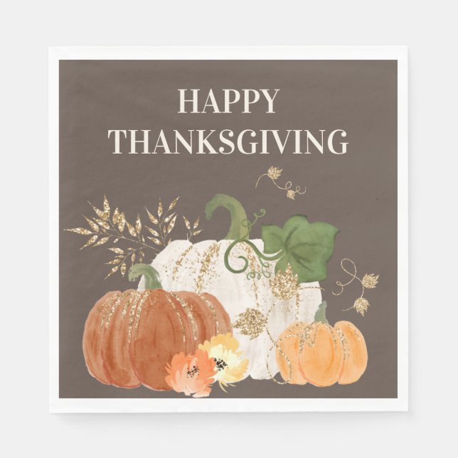 Orange White Pumpkins Gold Glitter Thanksgiving  Napkins (Front)