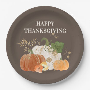 Orange White Pumpkins Gold Glitter Thanksgiving Paper Plates