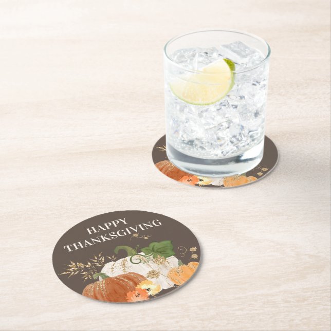 Orange White Pumpkins Gold Glitter Thanksgiving  Round Paper Coaster (Insitu)