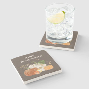 Orange White Pumpkins Gold Glitter Thanksgiving Stone Coaster