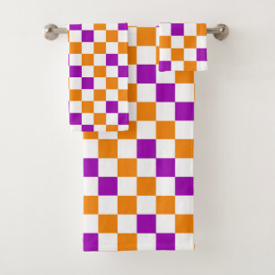Orange White Purple Checkered Pattern Design  Bath Towel Set