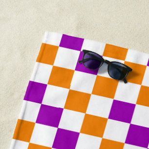 Orange White Purple Checkered Pattern Design Beach Towel