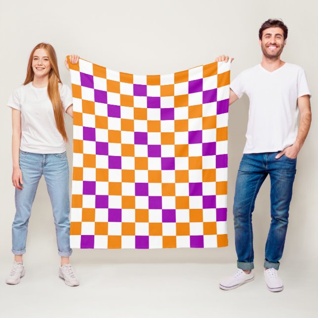 Orange White Purple Checkered Pattern Design  Fleece Blanket (In Situ)