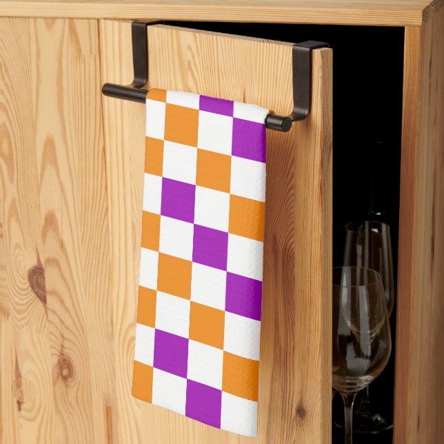Orange White Purple Checkered Pattern Design  Kitchen Towel (Thirds Fold)
