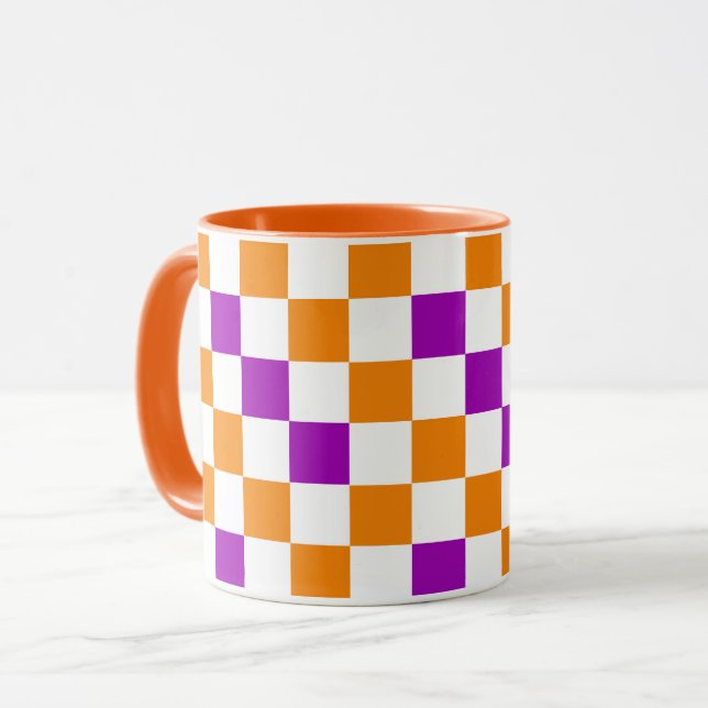 Orange White Purple Checkered Pattern Design  Mug (Front Left)