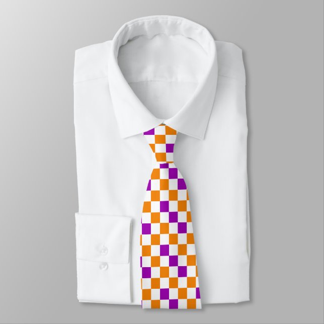 Orange White Purple Checkered Pattern Design  Neck Tie (Tied)