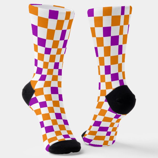 Orange White Purple Checkered Pattern Design  Socks (Angled)