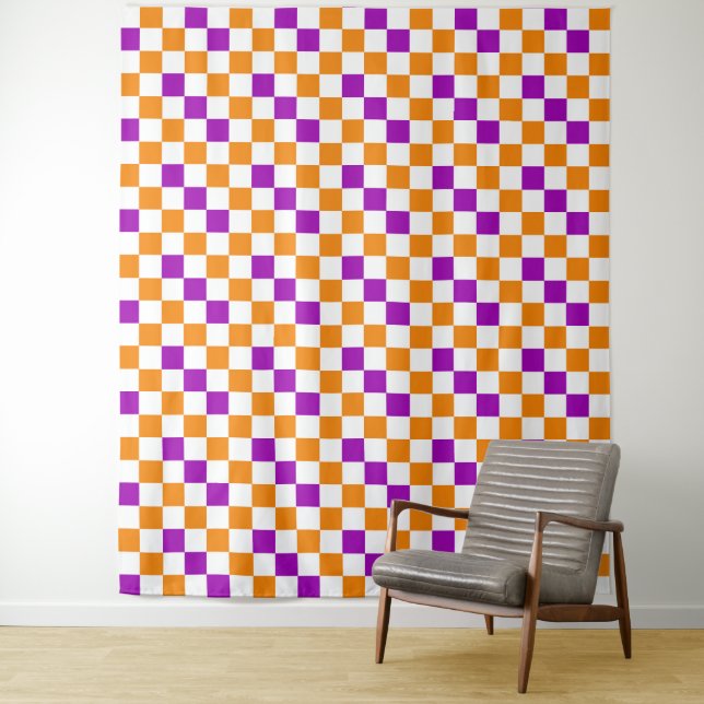 Orange White Purple Checkered Pattern Design  Tapestry (In Situ)