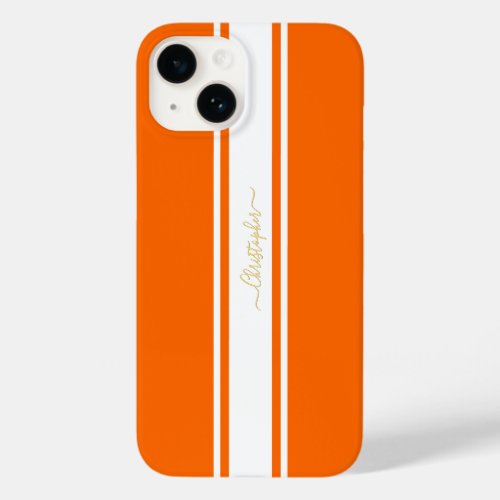 Orange White Racing Stripes Gold Monogrammed Cool Case_Mate iPhone 14 Case