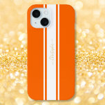 Orange White Racing Stripes Gold Monogrammed Cool iPhone 15 Case<br><div class="desc">Create your own custom, personalized, cool, classy, stylish, classic, orange and white racing stripes design, faux gold typography / script monogram, chic, sleek, stylish, form-fitting, featherlight, trendy, slim profile, lightweight, impact resistant, durable hard plastic, glossy finish Apple iPhone case. To customize, simply type in your name / monogram / initials....</div>