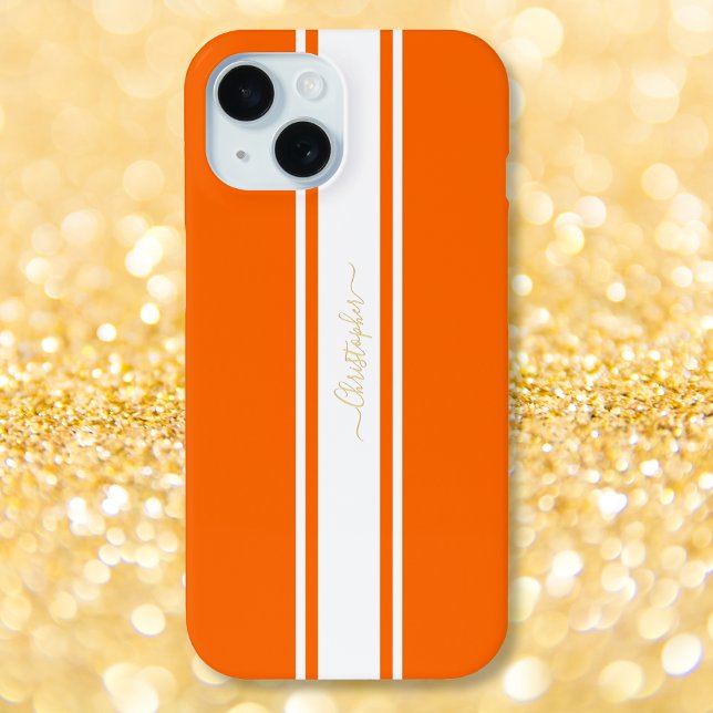 Orange White Racing Stripes Gold Monogrammed Cool Case-Mate iPhone Case (Orange White Racing Stripes Gold Monogrammed Cool Case-Mate iPhone Case)