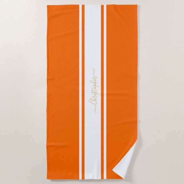 Orange White Racing Stripes Gold Monogrammed Pool Beach Towel (Front)