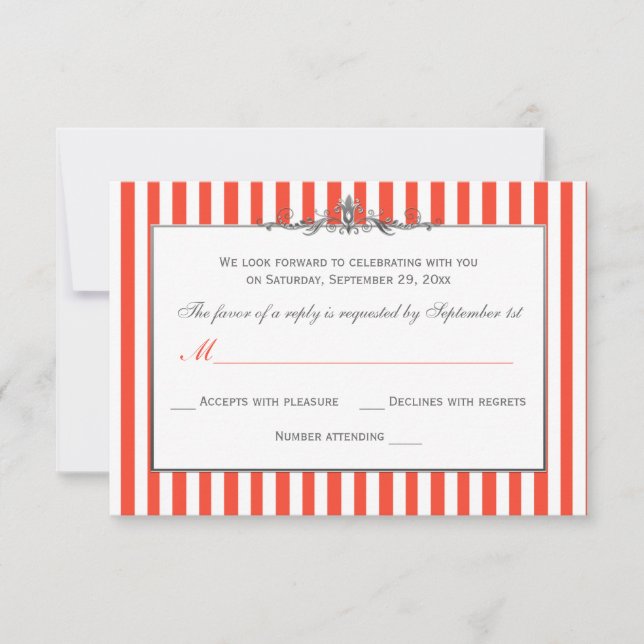 Orange, White, Silver Striped Scroll RSVP Card (Front)