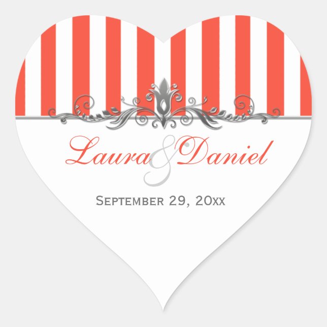 Orange White Silver Stripes Scroll Wedding Sticker (Front)