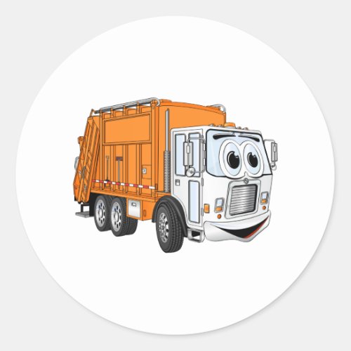 Orange White Smiling Garbage Truck Cartoon Classic Round Sticker