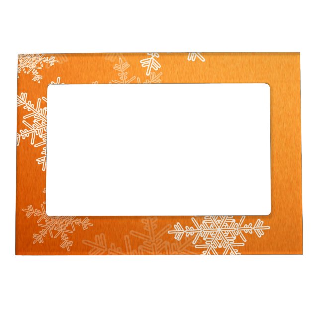 Orange White Snowflakes Minimalist Christmas Magnetic Frame (Front)