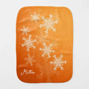 Orange White Snowflakes Minimalist Christmas Name Baby Burp Cloth