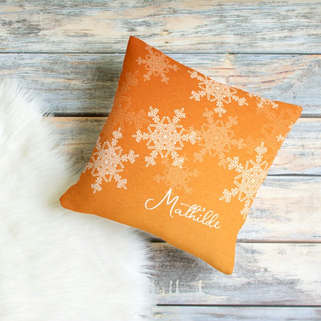 Orange White Snowflakes Minimalist Christmas Name Throw Pillow (Creator Uploaded)