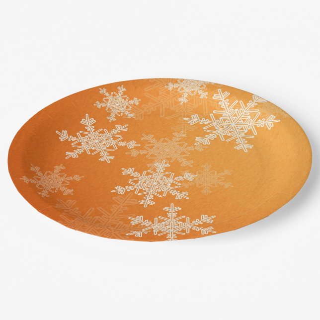 Orange White Snowflakes Minimalist Christmas Paper Plates (Angled)
