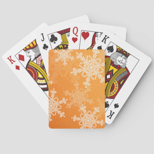 Orange White Snowflakes Minimalist Christmas Poker Cards (Back)