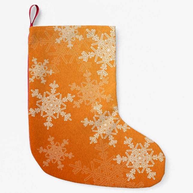 Orange White Snowflakes Minimalist Christmas Small Christmas Stocking (Front)