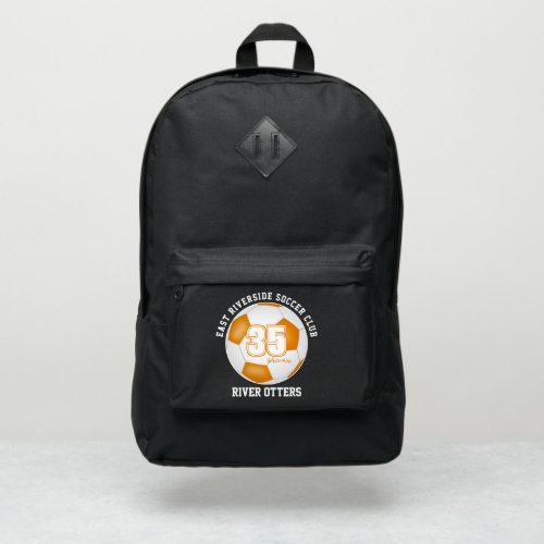 orange white soccer ball player name club sports port authority backpack