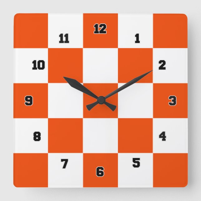 Orange White Squares Decorative Wall Clock (Front)