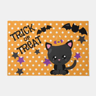 ORANGE & WHITE STARS WITH CUTE BLACK CAT & BATS DOORMAT