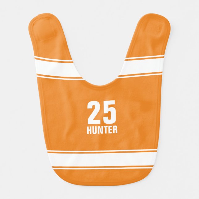 Orange & White Striped Sports Jersey Baby Bib (Front)