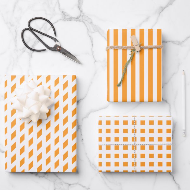 Orange white stripes check diamond geometric chic wrapping paper sheets (Front)