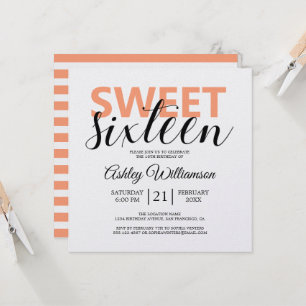 Orange White Stripes Modern Script Sweet 16 Invitation