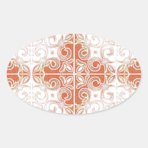 Orange White Swirl Inspired by Portuguese Azulejos Oval Sticker