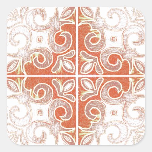 Orange White Swirl Inspired by Portuguese Azulejos Square Sticker