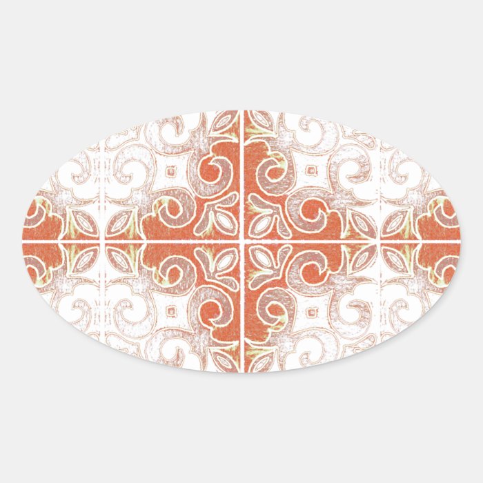 Orange White Swirl Inspired by Portuguese Azulejos Oval Stickers