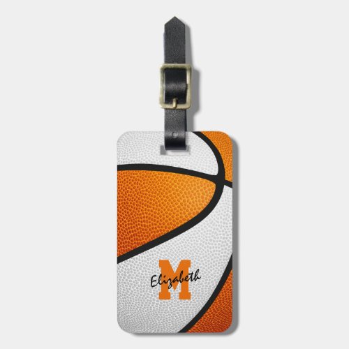 orange white team colors monogram basketball luggage tag
