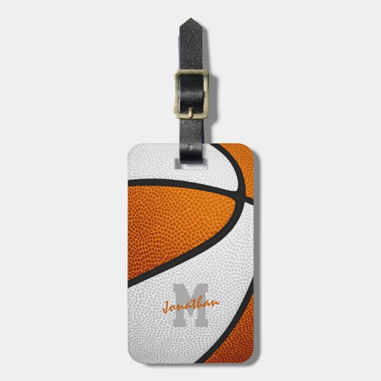 orange white team colors monogram basketball luggage tag